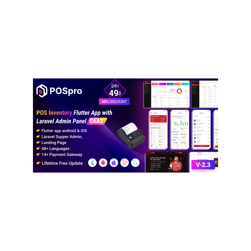 POSpro - Application Flutter d'inventaire POS avec panneau d'administration Laravel SAAS 3.1 (activé)