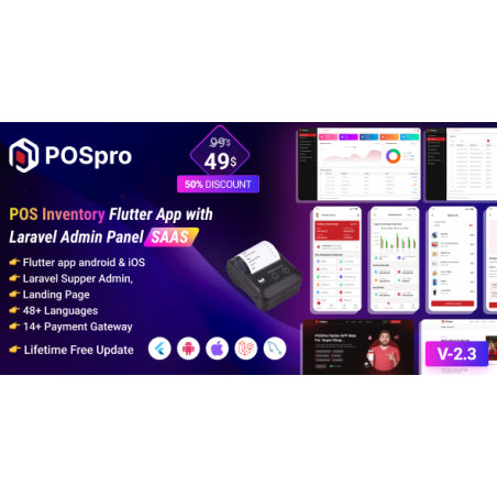 POSpro - Application Flutter d'inventaire POS avec panneau d'administration Laravel SAAS 3.1 (activé)